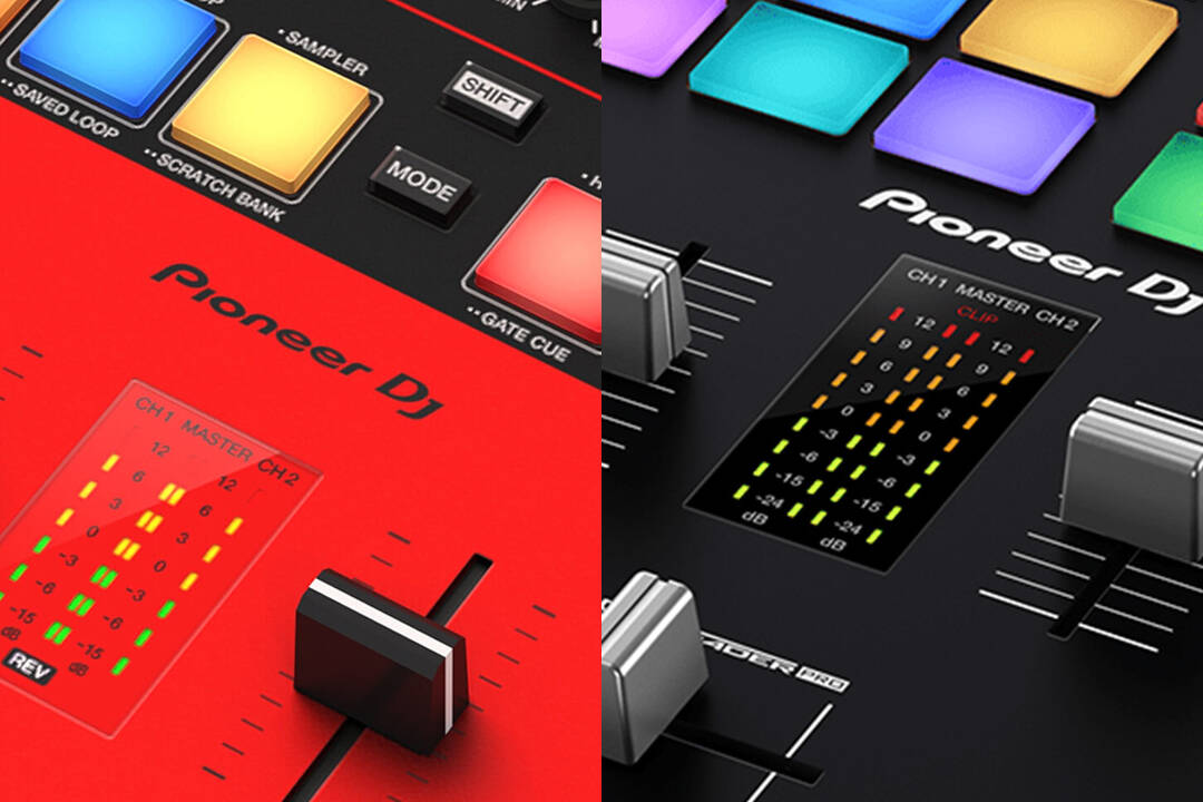 Close-up of Pioneer DJ controllers, showing performance pads and mixer channels