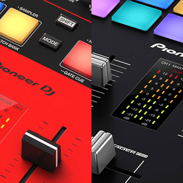 Close-up of Pioneer DJ controllers, showing performance pads and mixer channels