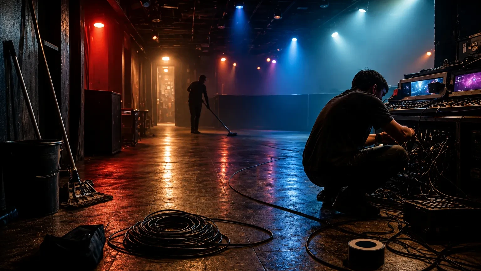 A crew member setting up equipment in an empty venue before a show
