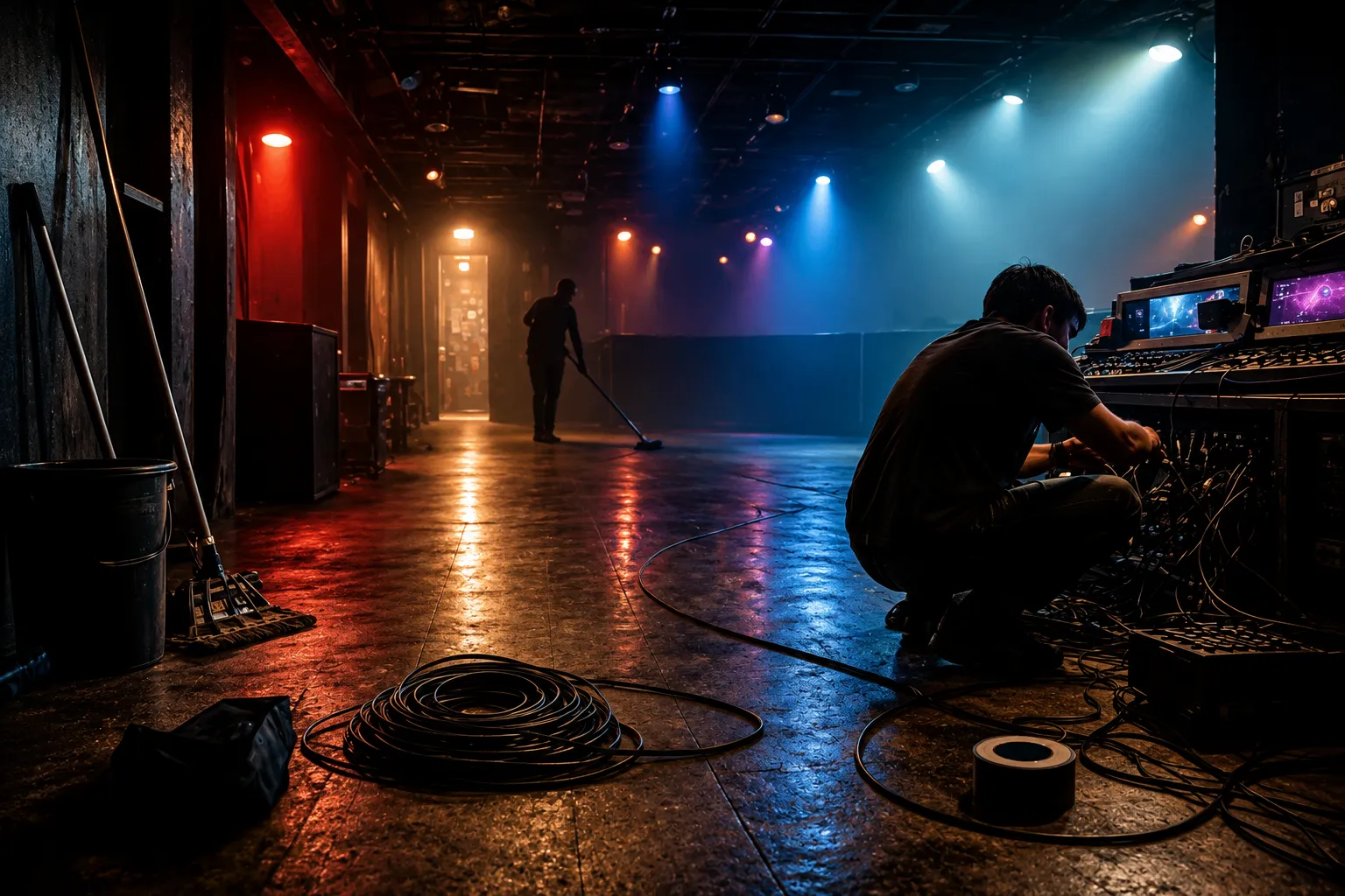 A crew member setting up equipment in an empty venue before a show