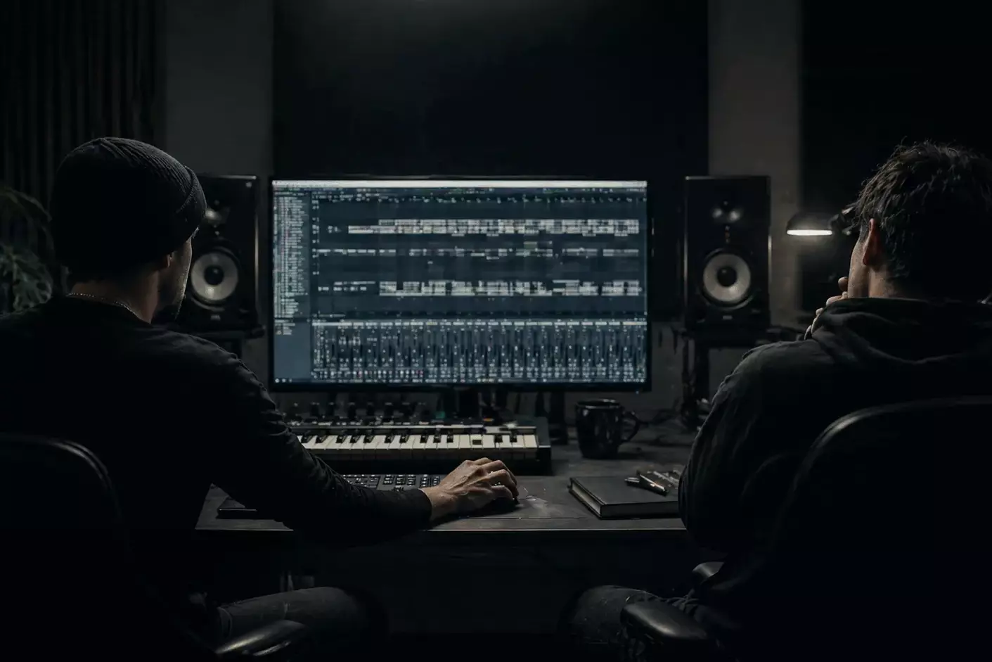 Two people working at a digital audio workstation in a darkened studio